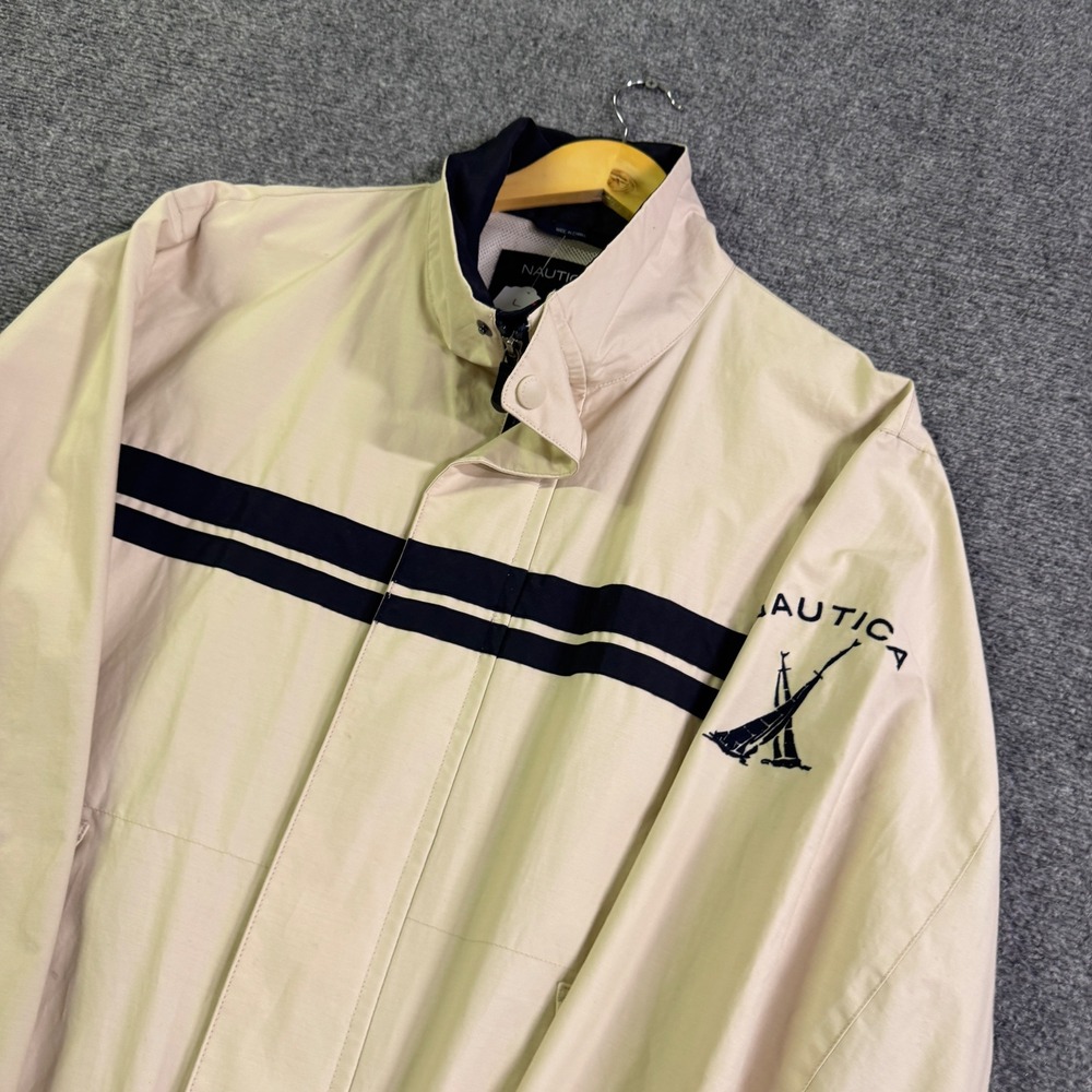 VTG Nautica Sail Jackets Mens L Beige Cream Striped Navy Blue Nylon 90s Y2K